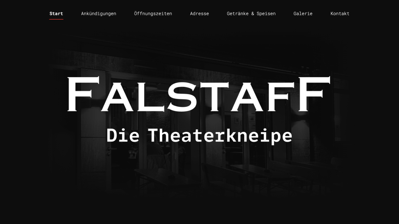Startseite der Falstaff Theaterkneipe mit vollständiger Navigation, großem Schriftzug und dunklem Hintergrundmotiv