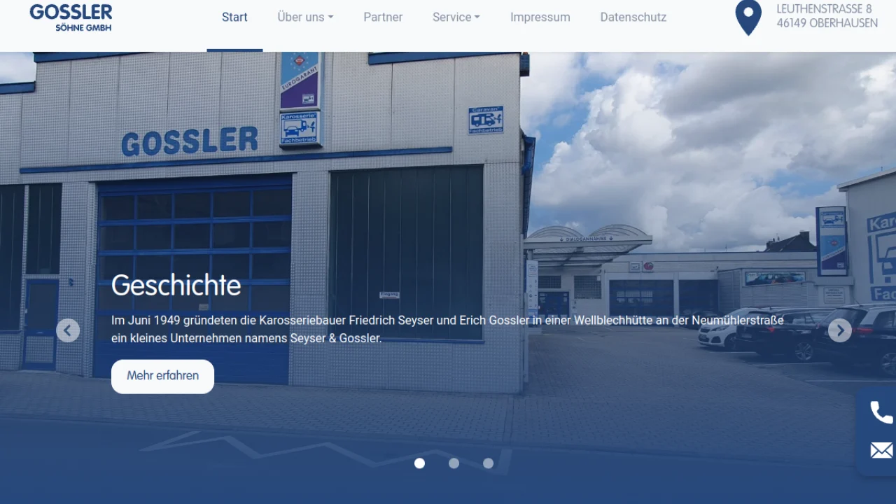 Startseite der Gossler Söhne GmbH mit Firmengebäude und Navigationsleiste