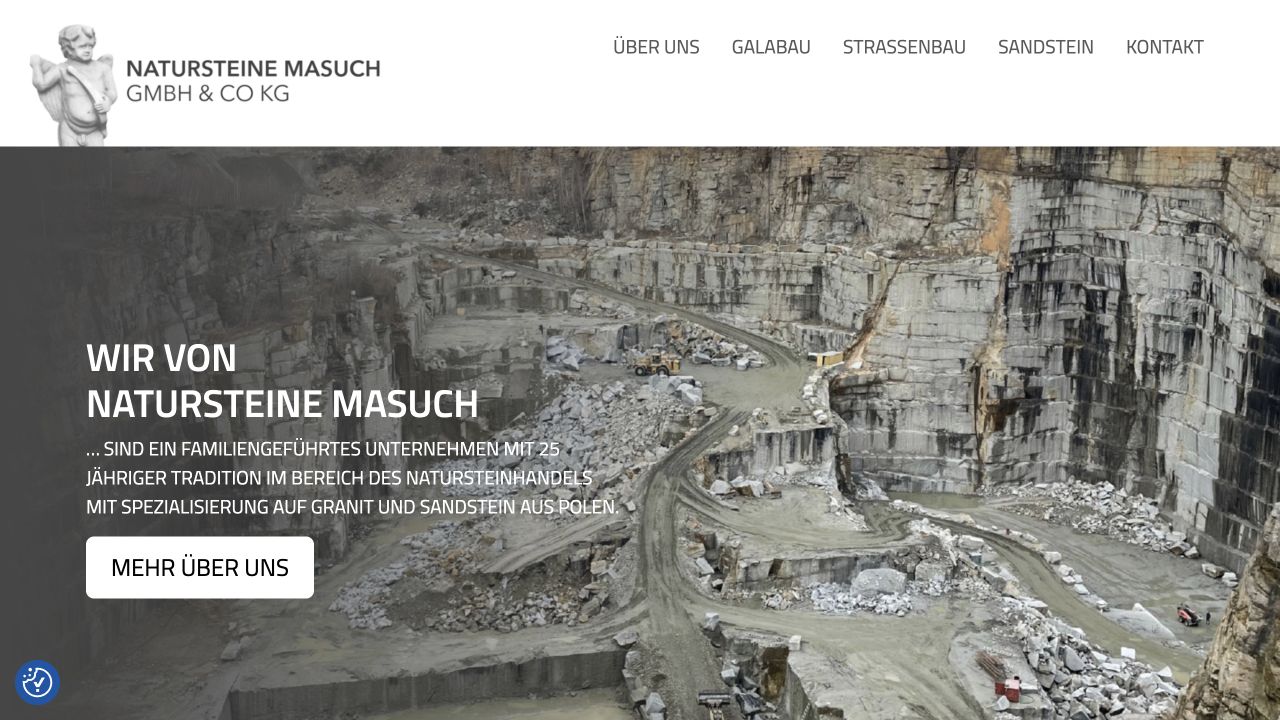 Startseite von Natursteine Masuch mit Steinbruch und Unternehmensnavigation
