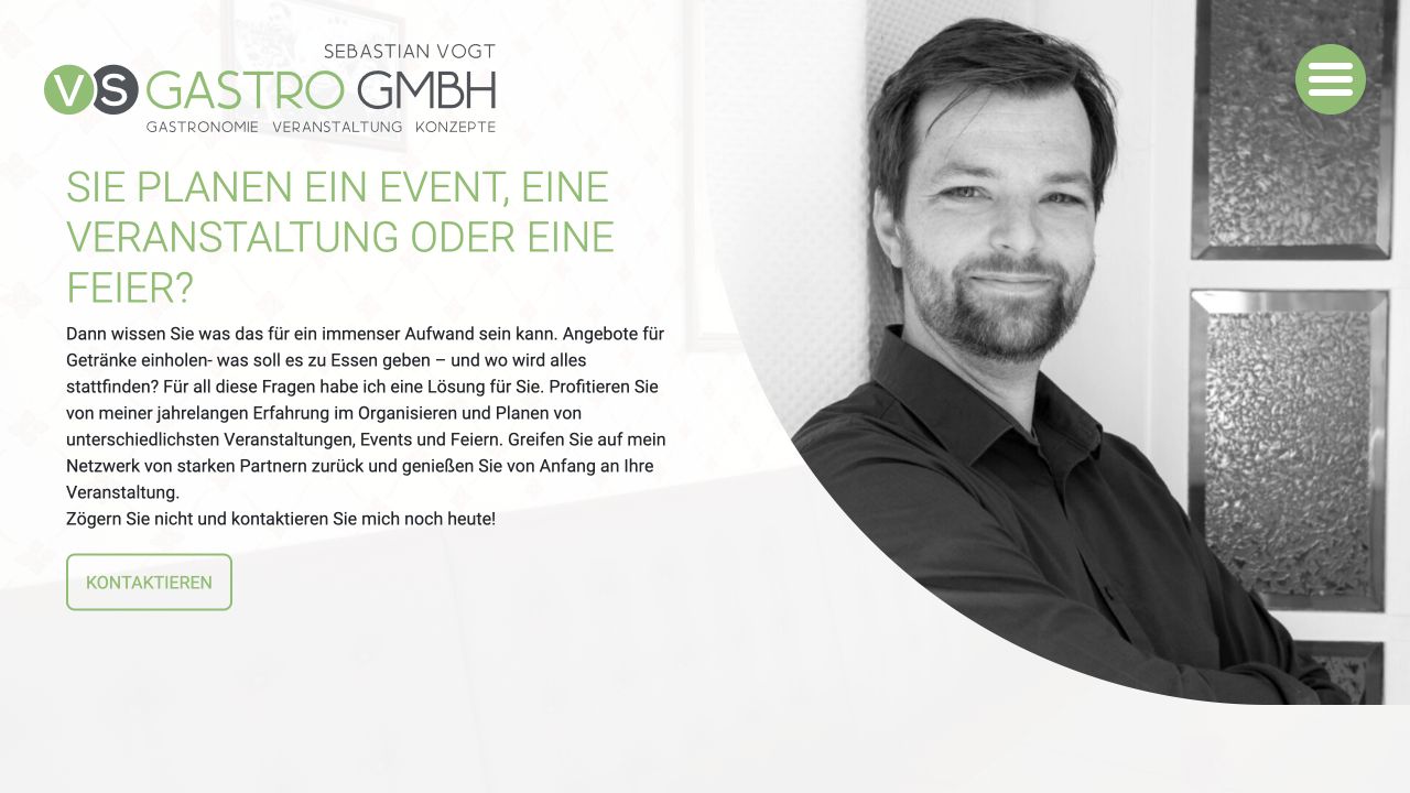 Startseite von VS Gastro mit Veranstaltungsangebot und Portrait von Sebastian Vogt